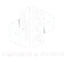 Abstract white geometric logo with mirrored architectural panels and cutout windows on a transparent checkerboard background; faint text appears below.