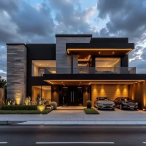 Modern house featuring a striking black and white exterior design with clean lines and large windows.