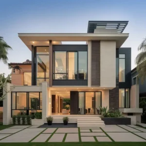 Stylish modern residence with extensive glass windows and a generous patio, highlighting a blend of indoor and outdoor living.