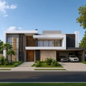 Stylish modern house with a car in the front, emphasizing clean lines and innovative design features.