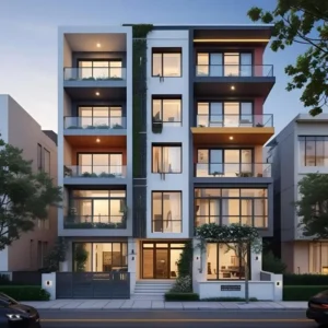 Modern four-story apartment building at dusk, with balconies, glowing windows, rooftop greenery, trees, landscaped entry, and parked cars.