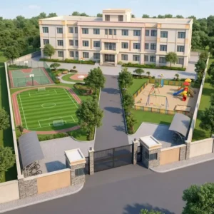 A modern three-story school campus with green soccer and tennis courts, colorful playground, landscaped paths, trees, and secure gated entrance.