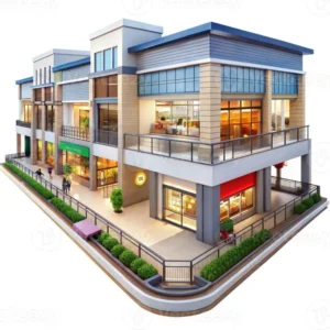 Modern multi-story commercial building with shops, warm glowing windows, landscaped walkway, balconies, and a clean, welcoming urban design.